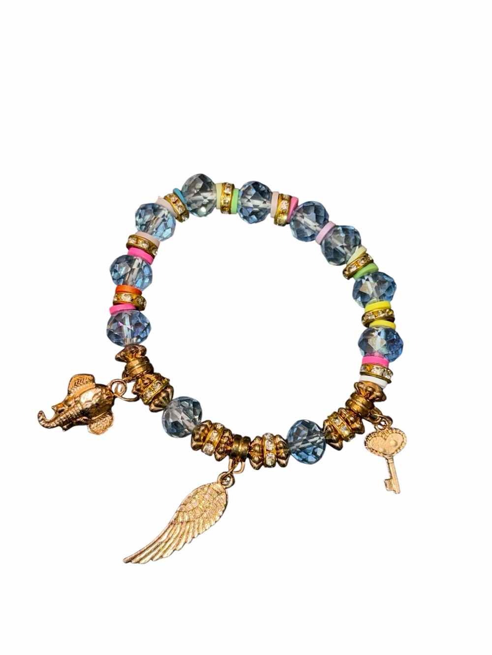 Boho Charm Stretch Bracelet with Multicolor Accents angel elephant key handmade